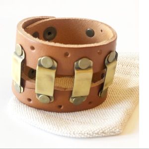 Genuine Leather & Brass Cuff Bracelet 9.5” x 2”